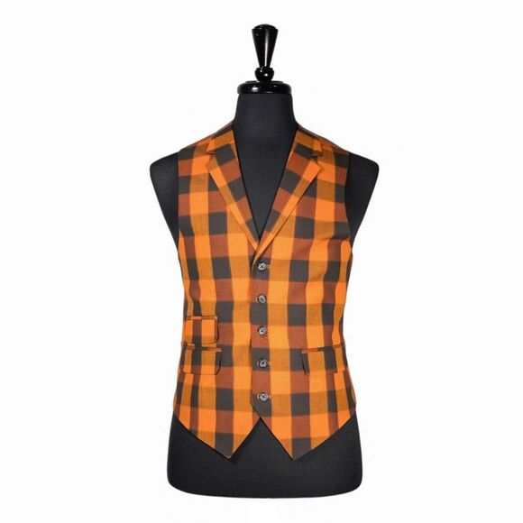 Mens Waistcoat Suit Lapel Vest 40R Orange Green Plaid Check Formal Wedding Party - Picture 1 of 9